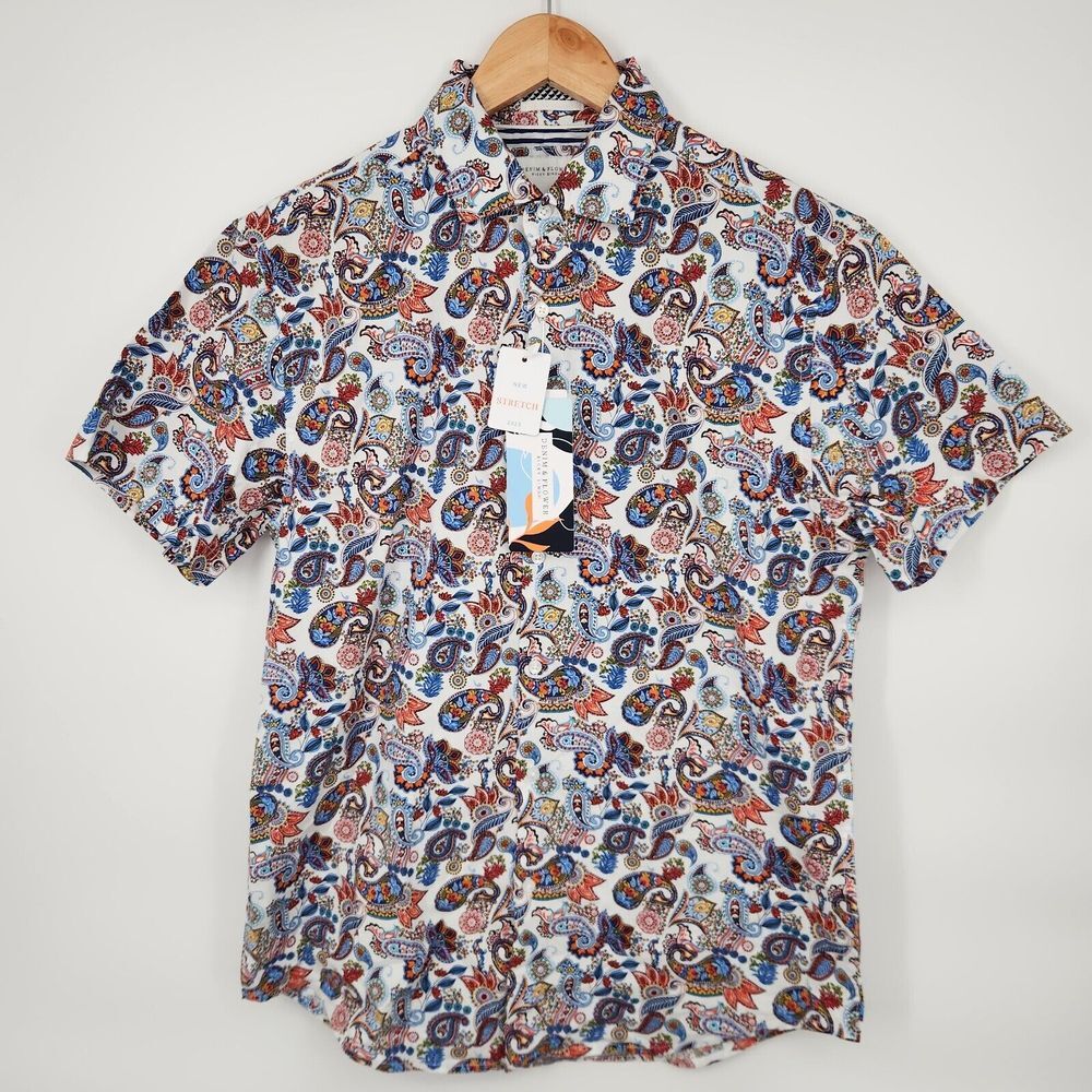 NWT Denim & Flower Shirt Mens Small Paisley‎ Floral White Button Up Viscose NEW - Picture 2 of 9
